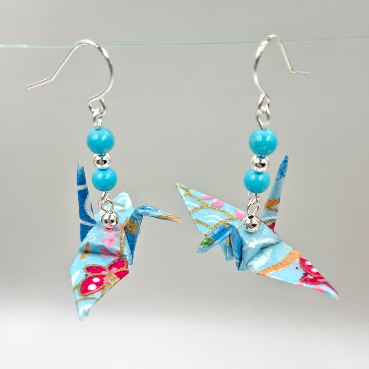 Origami Crane Earrings with Turquoise – Japanese Papercraft