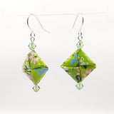 Origami Square Earrings with Swarovski Crystals - Green Swirl