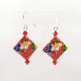Origami Square Earrings with Swarovski Crystals - Red & Flowers
