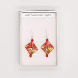 Origami Square Earrings with Swarovski Crystals - Red & Flowers