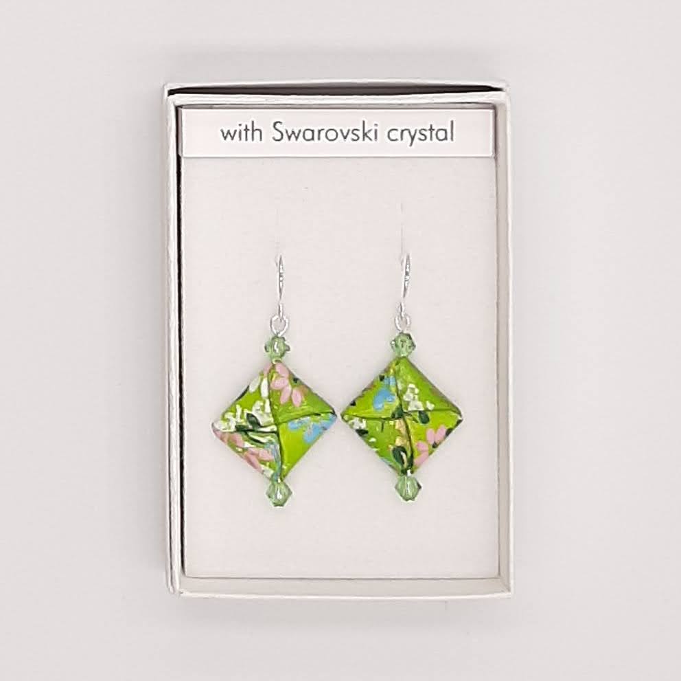 Origami Square Earrings with Swarovski Crystals - Green