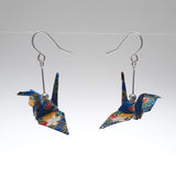 Origami Crane Earrings - Dark Blue Fan Flowers