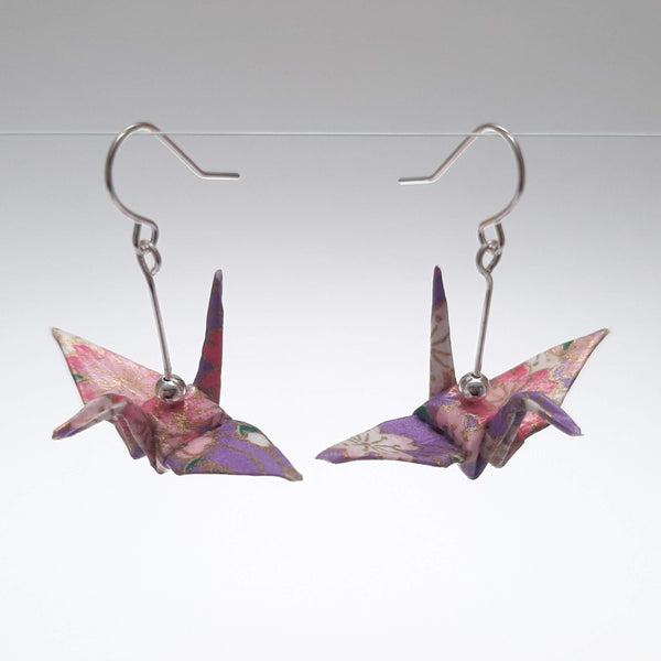 Origami Crane Earrings - Purple & Cherry Blossom