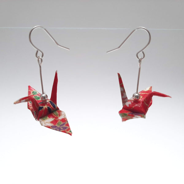 Origami Crane Earrings - Red Flower Garden