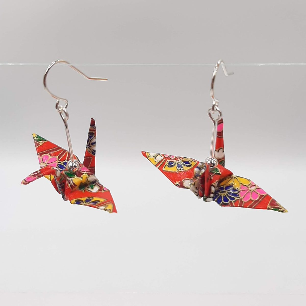 Origami Crane Earrings - Red Fan Flowers – Japanese Papercraft
