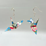Origami Crane Earrings - Light Blue Flowers & Fans