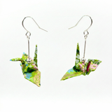 Origami Crane Earrings - Green Swirl