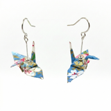 Origami Crane Earrings - Light Blue Flowers & Fans