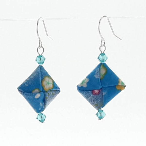 Origami Square Earrings with Swarovski Crystals - Light Blue & Flowers