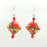 Origami Square Earrings with Swarovski Crystals - Red & Flowers