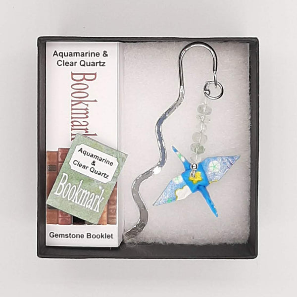 Origami Crane Bookmark with Aquamarine & Clear Quartz