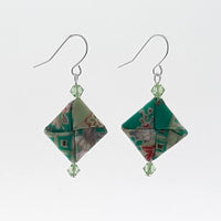 Origami Square Earrings with Swarovski Crystals - Green