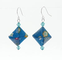 Origami Square Earrings with Swarovski Crystals - Light Blue & Flowers