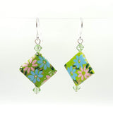 Origami Square Earrings with Swarovski Crystals - Green Swirl