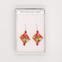 Origami Square Earrings with Swarovski Crystals - Red & Flowers
