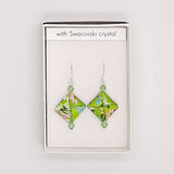 Origami Square Earrings with Swarovski Crystals - Green Swirl