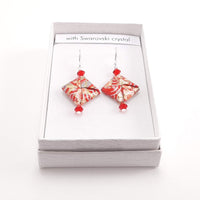 Origami Square Earrings with Swarovski Crystals - Red