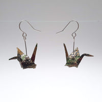 Origami Crane Earrings - Dark Green & Gold Trees