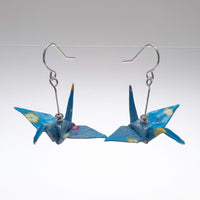 Origami Crane Earrings - Blue with Small Flowers